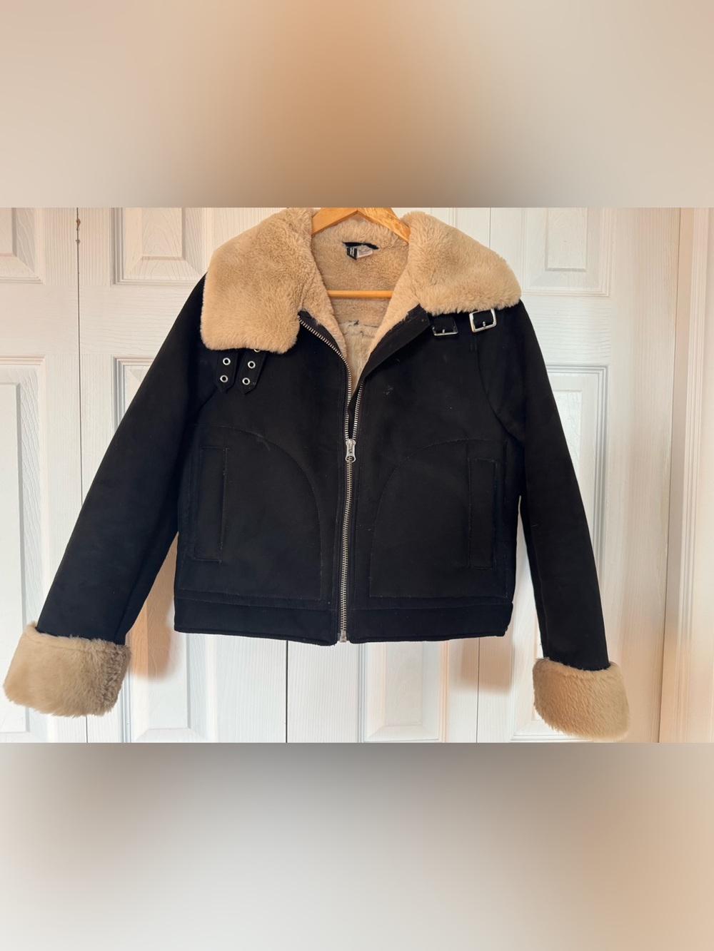 H&M Black Bomber Jacket with Cream Shearling Collar & Cuff